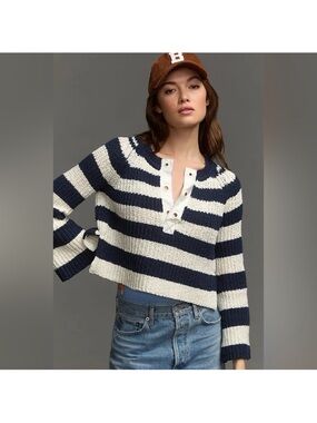 Anthropologie pilcro Navy & Cream Striped Cropped Henley Sweater